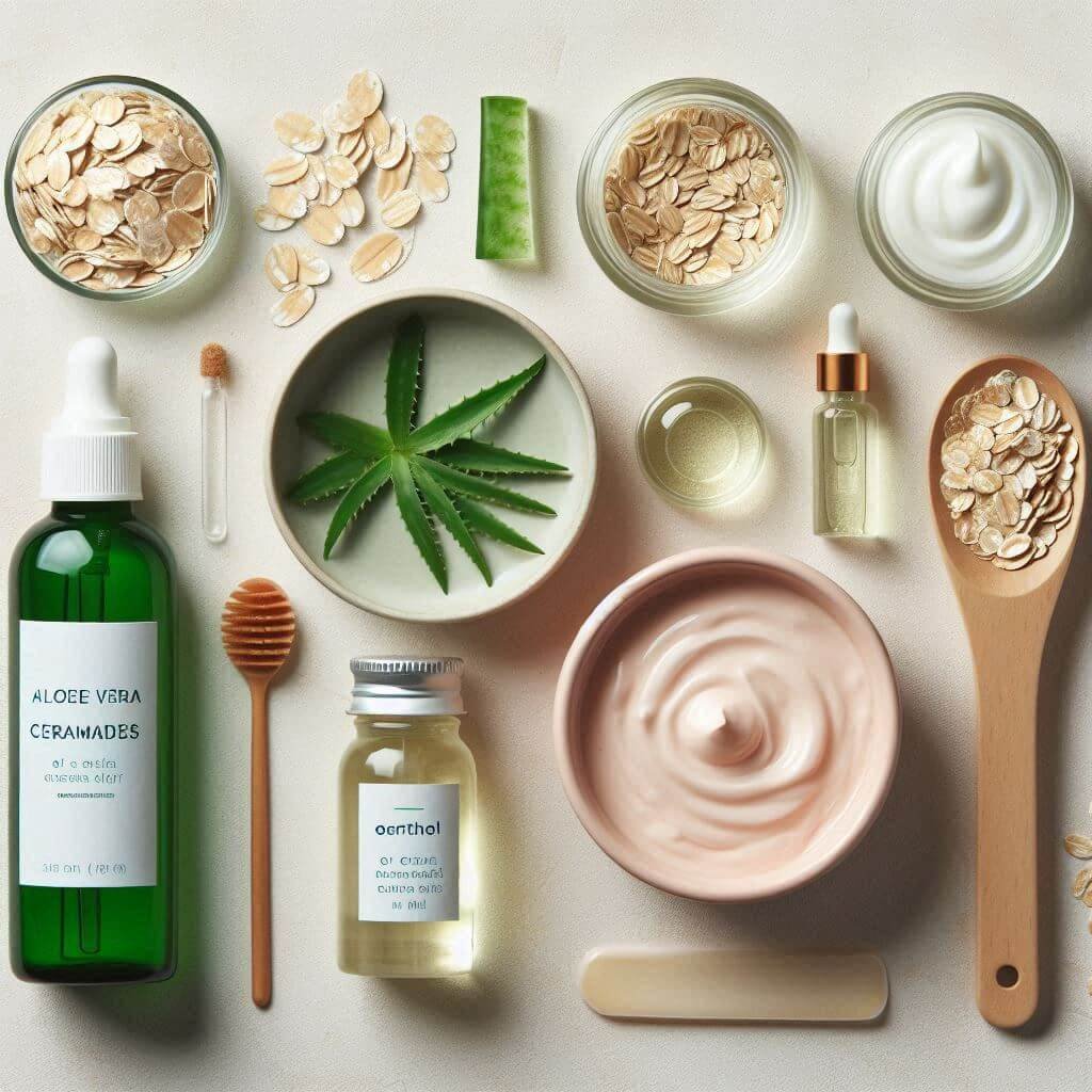 Flatlay of gentle skincare ingredients like aloe vera, ceramides, oatmeal, panthenol, fragrance-free tag