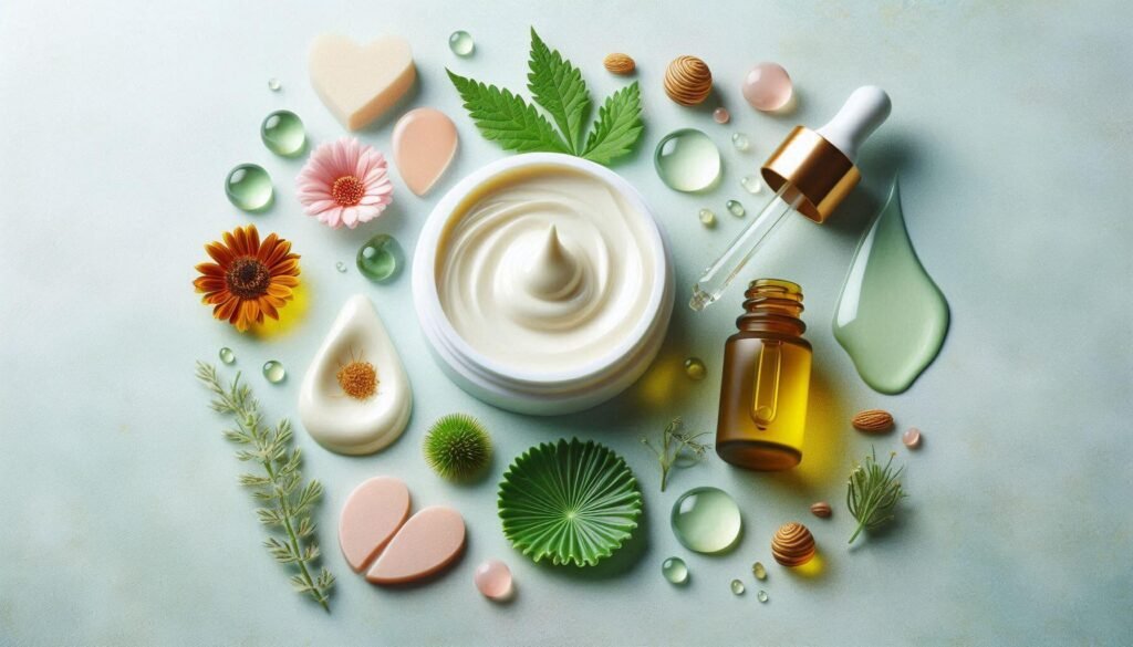 Soothing skincare actives such as ceramides, centella, and panthenol displayed in clean, clinical setting.