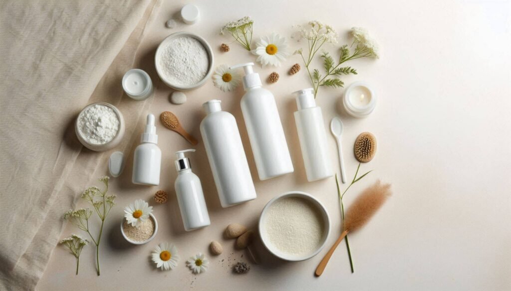 A minimalistic skincare flat lay with white bottles, calming ingredients like chamomile, and a neutral clean background, representing sensitive skincare