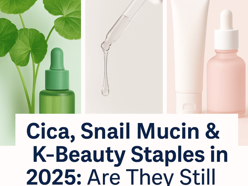 On the left is the Centella Asiatica leaves and the green skincare bottle; In the middle is a close-up of the texture of the Snail Mucin drop (transparent, brushed); On the right is a photo of Korean minimalist skincare products (white, pink bottle + clean background);