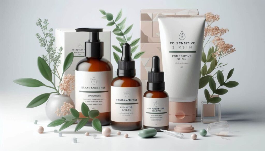 Skincare packaging emphasizing fragrance-free and sensitive skin-friendly labeling
