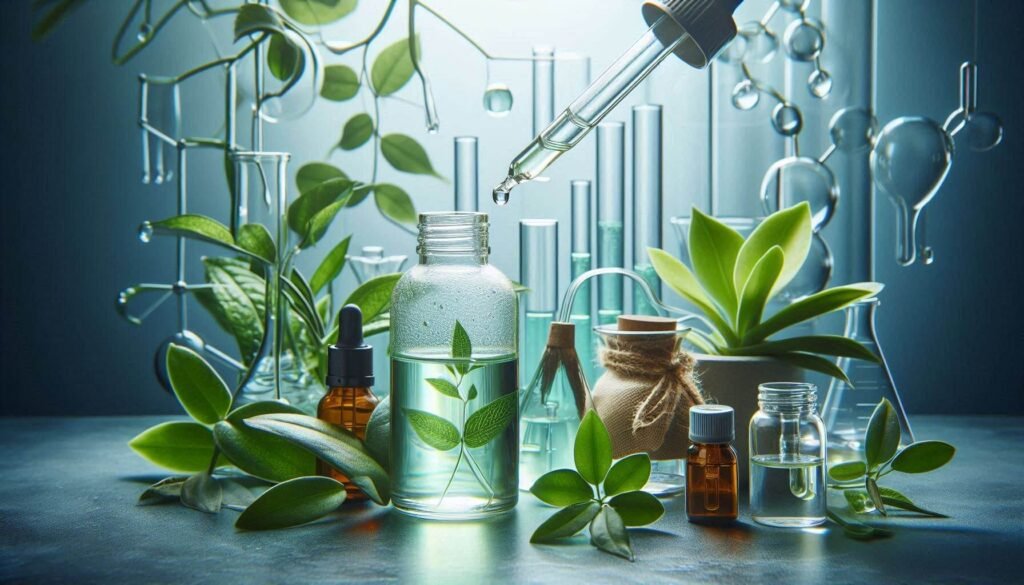 Modern natural skincare product with botanical ingredients and lab glassware in the background