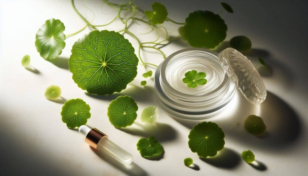 Centella Asiatica leaves and gel-based skincare texture, representing healing and barrier-repair benefits.