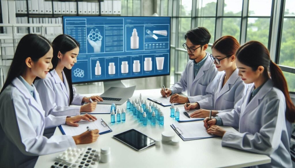 Skincare brand team discussing ingredient planning and packaging strategy with supplier