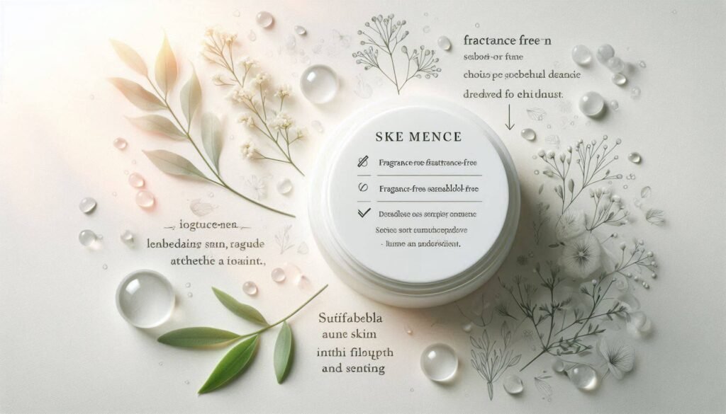 Displaying a simple ingredient label for a skincare product, highlighting words such as "fragrance-free", "alcohol-free", and "suitable for sensitive skin", with a soft background of natural elements such as plants or water drops, conveying a sense of purity and gentleness.