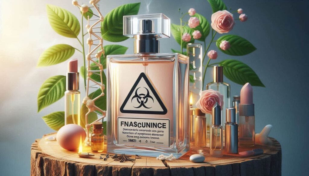 Fragrance bottle marked with a caution symbol, indicating irritation risks for sensitive skin.