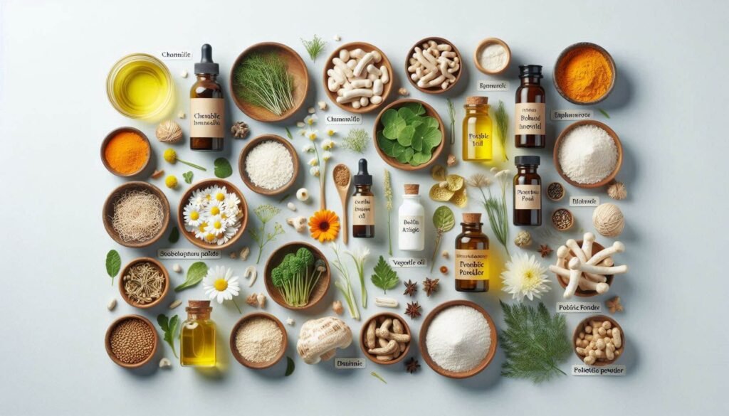 Flat lay of trending natural skincare ingredients for 2025 including chamomile, centella, and snow mushroom