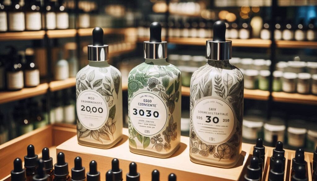 Branded glass skincare bottles arranged on a display shelf, reinforcing premium and eco-conscious brand identity.