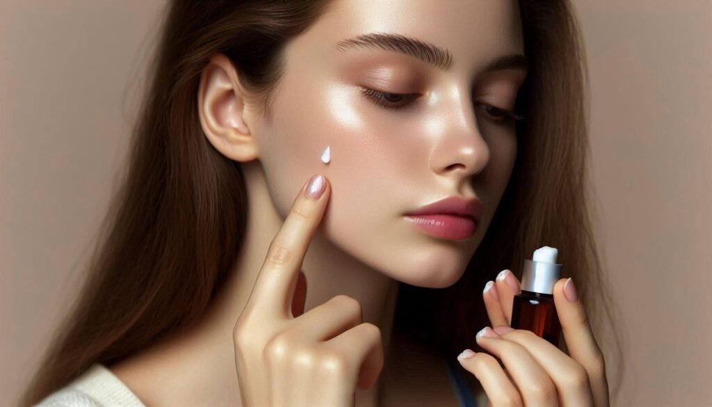 A woman with sensitive skin applying serum gently on her cheek, showcasing a minimal, gentle skincare routine