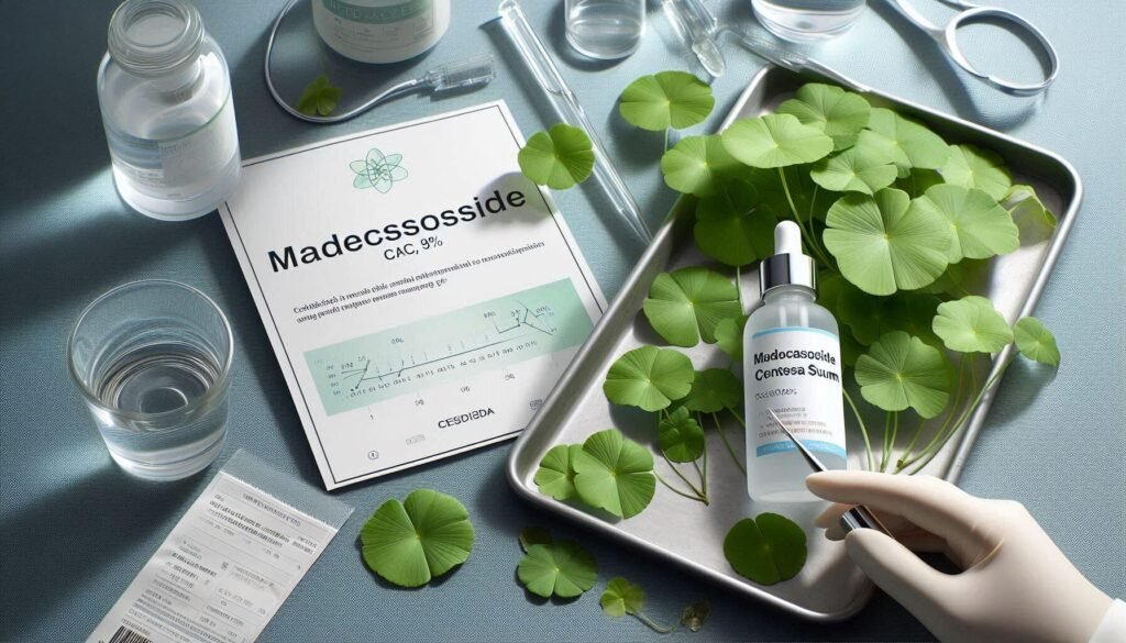 A close-up shot of Centella leaves paired with a lab-style product shot featuring “Madecassoside 95%” or a modern Cica-serum packaging.