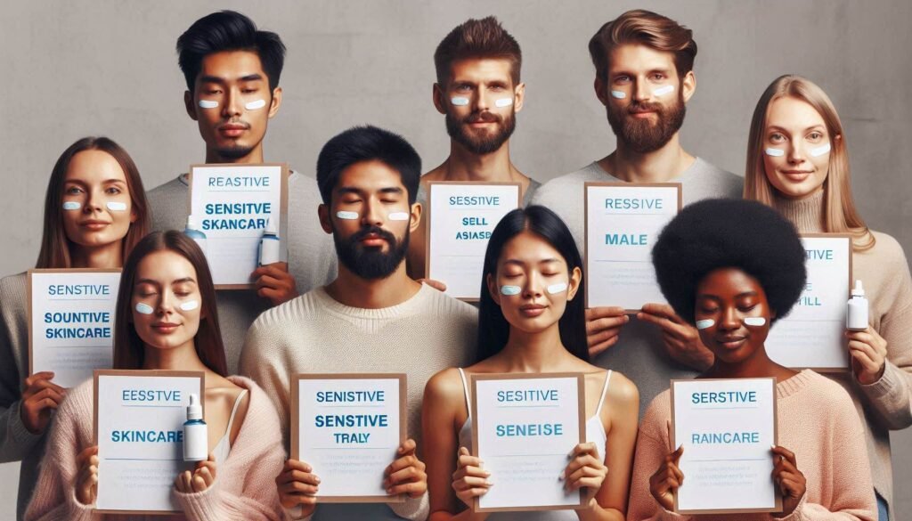 Diverse group of people testing skincare samples, emphasizing real-world trials for sensitive skincare
