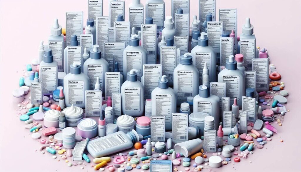 Multiple skincare products with long, complicated ingredient labels, symbolizing formulation overload