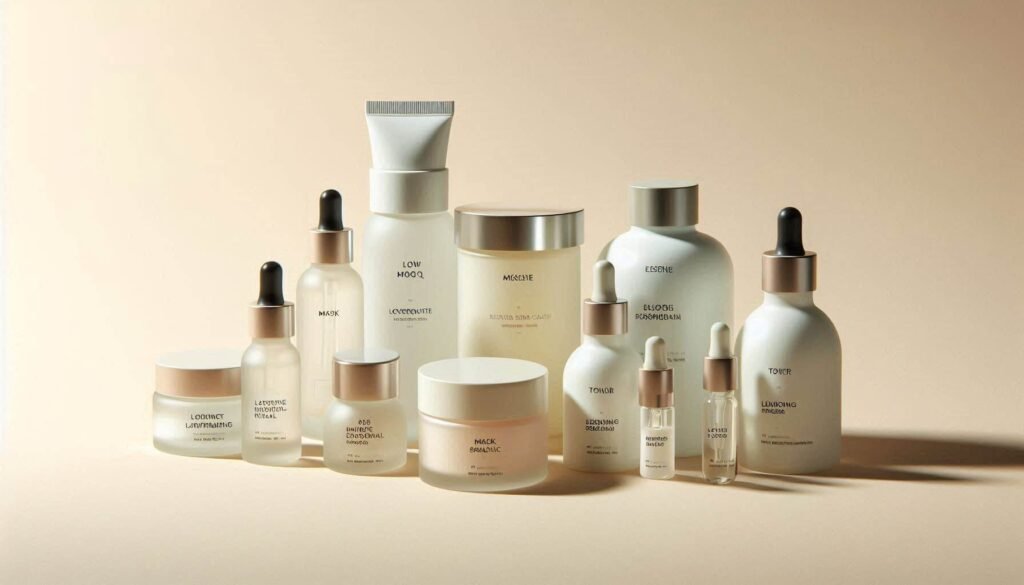Assorted low-MOQ skincare samples in minimalist packaging ready for private label production