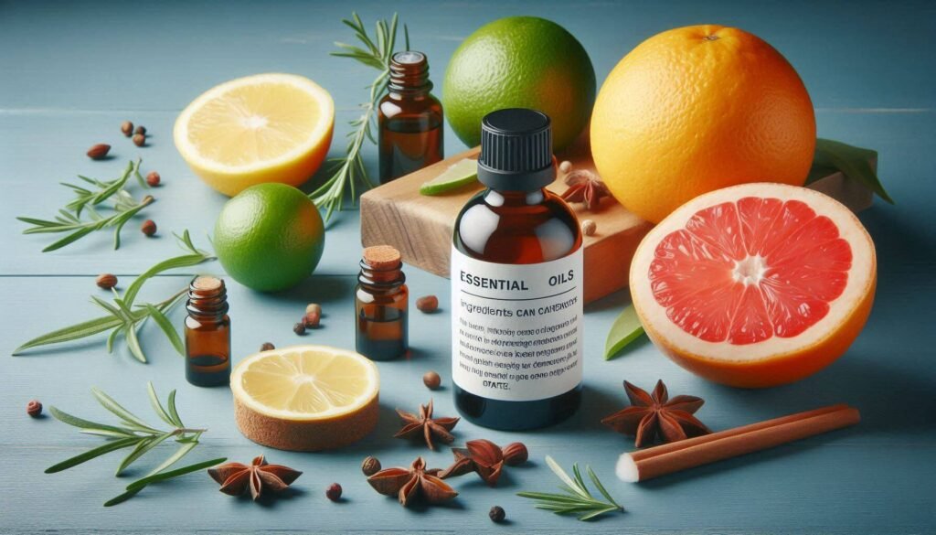 Essential oils and citrus fruits next to a skincare bottle with a warning sign, showing natural ingredients can cause irritation