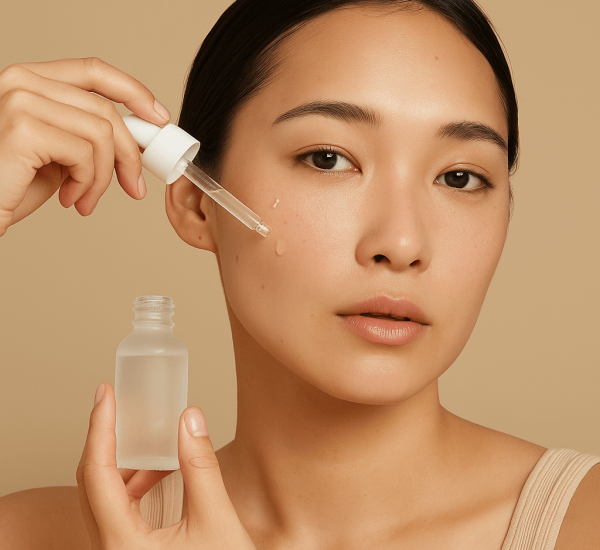 Clean Beauty Labels and Ingredient Transparency A close-up of a skincare bottle with clearly labeled ingredients, held by a Gen Z user comparing products.