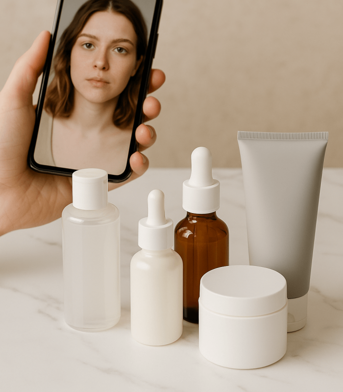 Multifunctional Skincare Products 2025 A flatlay of hybrid skincare products with dual-use labels like "cleanser + mask" or "SPF + serum".
