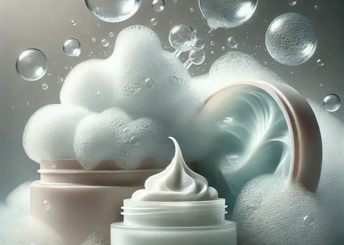 DALL·E 2025-04-19 02.10.11 – A realistic macro image showcasing a skincare flatlay_ a whipped foaming cleanser bursting into soft bubbles, a gel serum transforming into water-like (1) Texture Obsession: ASMR-Worthy Visuals Sell